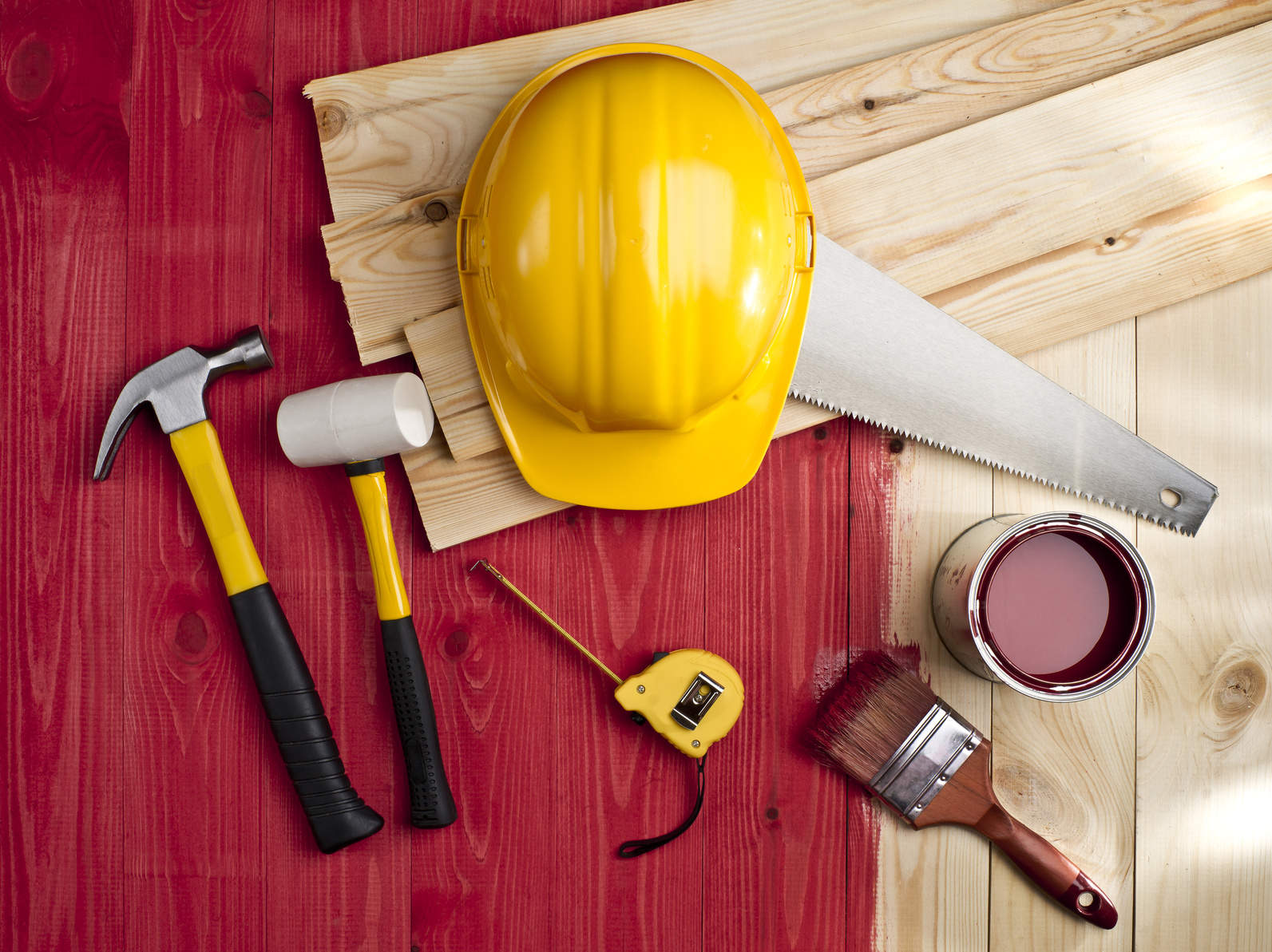 construction and painting supplies laid out